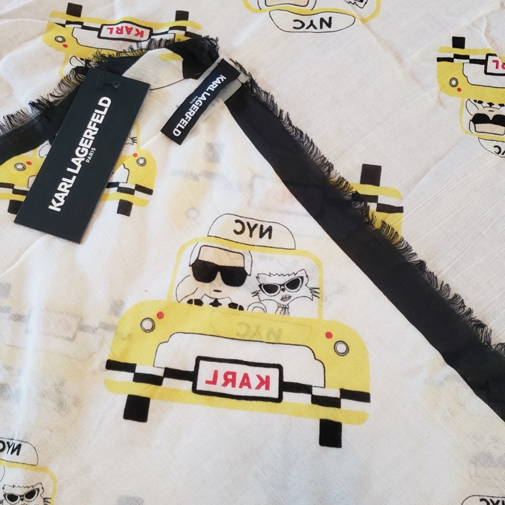 NWT Karl Lagerfeld Ikonik Print Silk Modal Large Square Frayed Edges Black Scarf - Picture 13 of 15